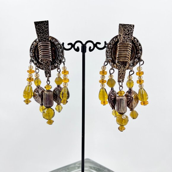 NWOT - Large Yellow Beaded Antiqued Gold Statement Chandelier Clip Earrings - Picture 2 of 8